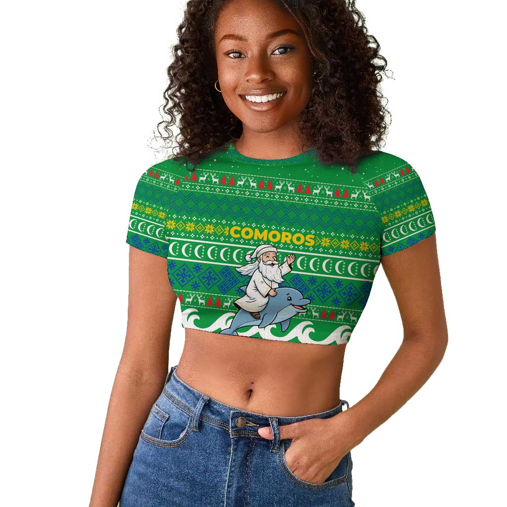 Comoros Christmas Raglan Cropped T shirt Santa Riding Dolphin Ocean Waves Crescent Moon - African Pride