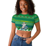 Comoros Christmas Raglan Cropped T shirt Santa Riding Dolphin Ocean Waves Crescent Moon - African Pride