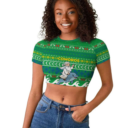 Comoros Christmas Raglan Cropped T shirt Santa Riding Dolphin Ocean Waves Crescent Moon - African Pride