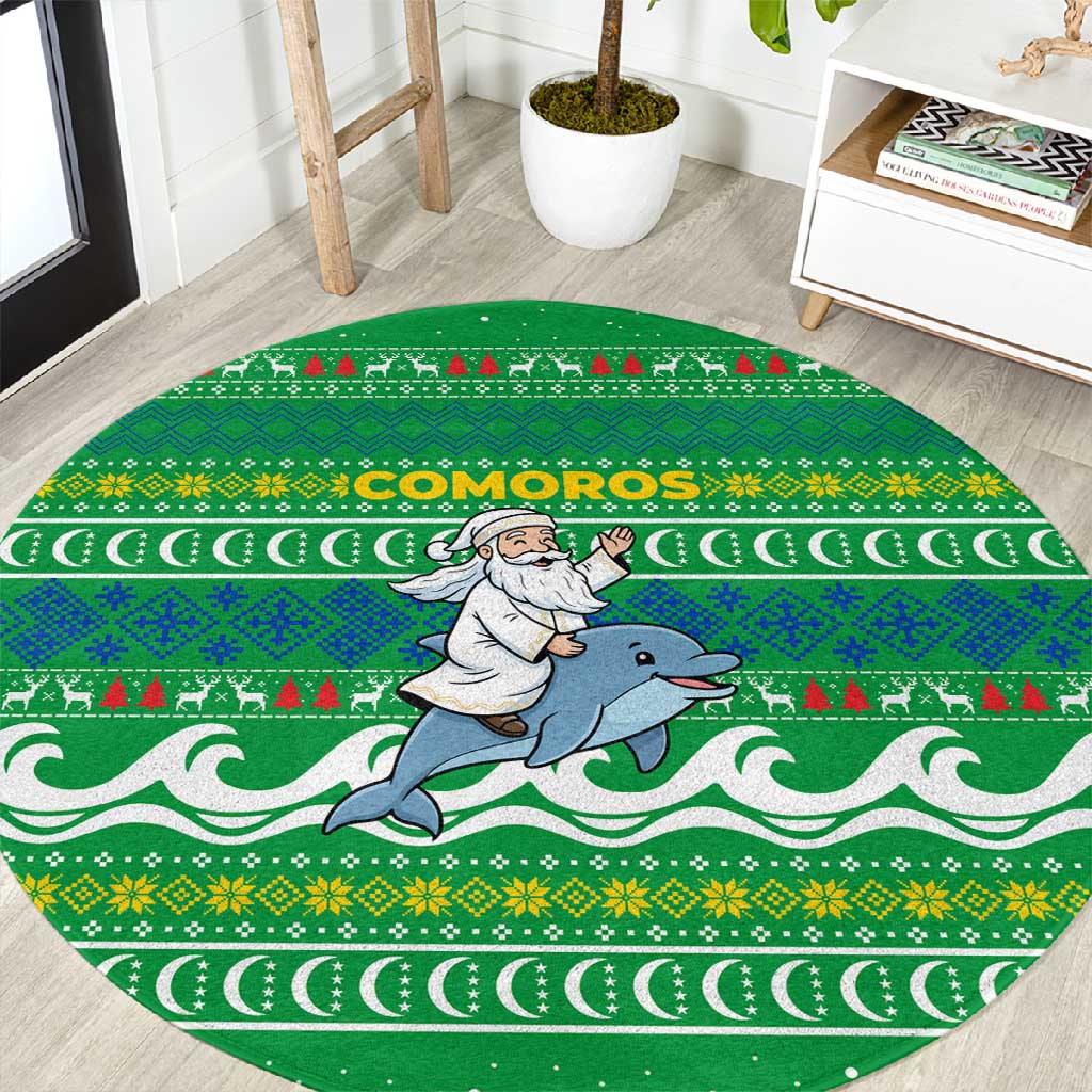 Comoros Christmas Round Carpet Santa Riding Dolphin Ocean Waves Crescent Moon - African Pride