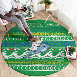 Comoros Christmas Round Carpet Santa Riding Dolphin Ocean Waves Crescent Moon - African Pride