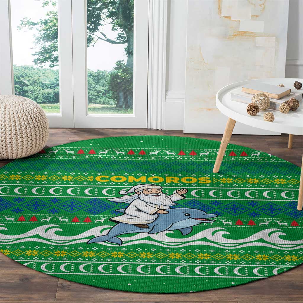 Comoros Christmas Round Carpet Santa Riding Dolphin Ocean Waves Crescent Moon - African Pride