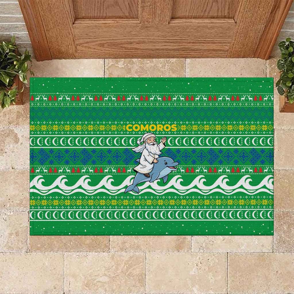 Comoros Christmas Rubber Doormat Santa Riding Dolphin Ocean Waves Crescent Moon - African Pride