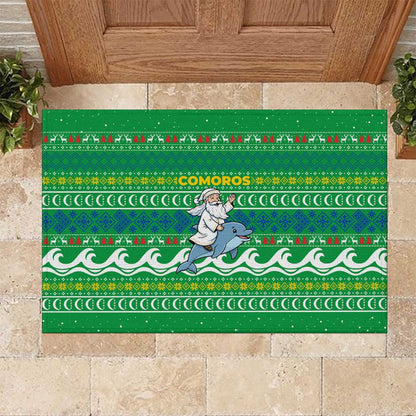Comoros Christmas Rubber Doormat Santa Riding Dolphin Ocean Waves Crescent Moon - African Pride