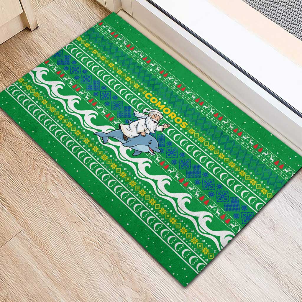 Comoros Christmas Rubber Doormat Santa Riding Dolphin Ocean Waves Crescent Moon - African Pride