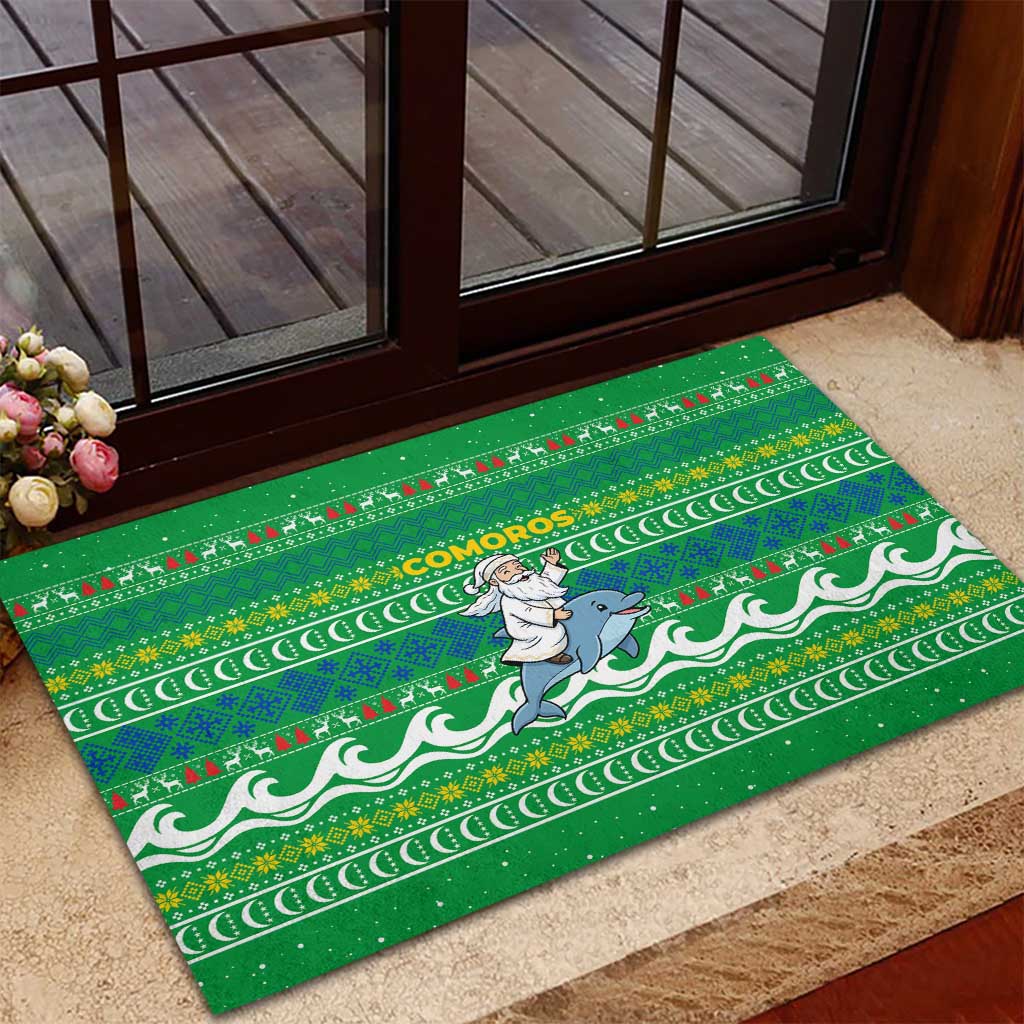 Comoros Christmas Rubber Doormat Santa Riding Dolphin Ocean Waves Crescent Moon - African Pride