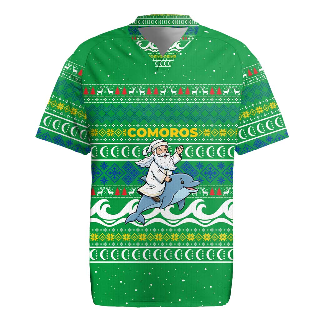Comoros Christmas Rugby Jersey Santa Riding Dolphin Ocean Waves Crescent Moon - African Pride