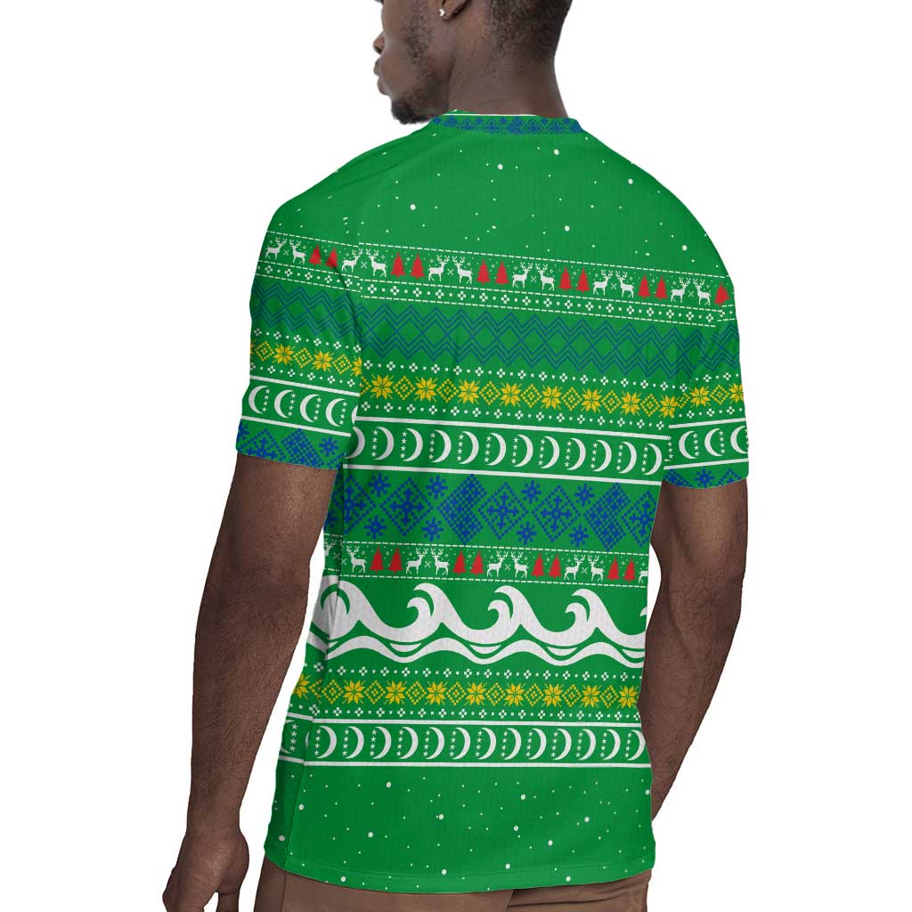 Comoros Christmas Rugby Jersey Santa Riding Dolphin Ocean Waves Crescent Moon - African Pride