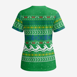 Comoros Christmas Scrub Top Santa Riding Dolphin Ocean Waves Crescent Moon - African Pride