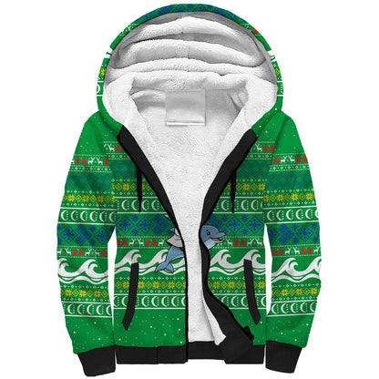 Comoros Christmas Sherpa Hoodie Santa Riding Dolphin Ocean Waves Crescent Moon - African Pride