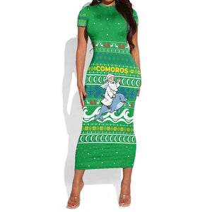 Comoros Christmas Short Sleeve Bodycon Dress Santa Riding Dolphin Ocean Waves Crescent Moon - African Pride