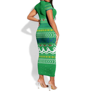 Comoros Christmas Short Sleeve Bodycon Dress Santa Riding Dolphin Ocean Waves Crescent Moon - African Pride