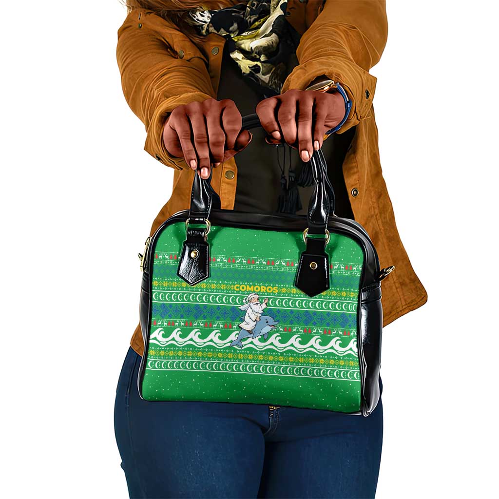 Comoros Christmas Shoulder Handbag Santa Riding Dolphin Ocean Waves Crescent Moon - African Pride