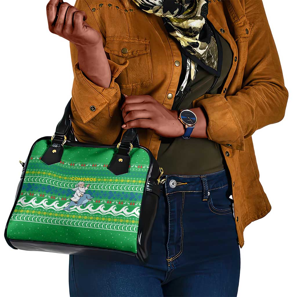 Comoros Christmas Shoulder Handbag Santa Riding Dolphin Ocean Waves Crescent Moon - African Pride