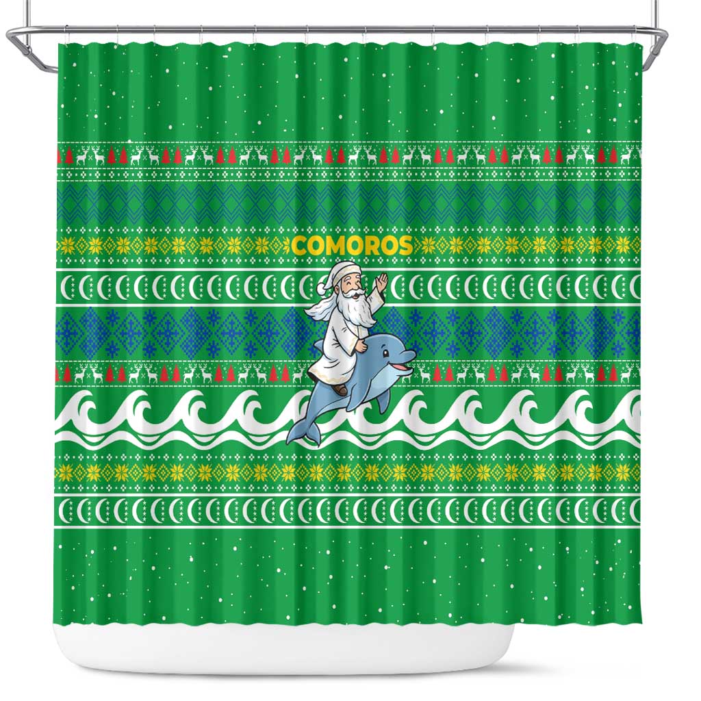 Comoros Christmas Shower Curtain Santa Riding Dolphin Ocean Waves Crescent Moon - African Pride