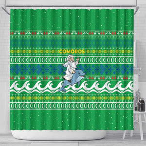 Comoros Christmas Shower Curtain Santa Riding Dolphin Ocean Waves Crescent Moon - African Pride