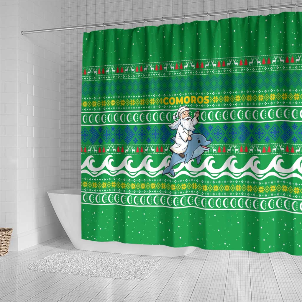 Comoros Christmas Shower Curtain Santa Riding Dolphin Ocean Waves Crescent Moon - African Pride