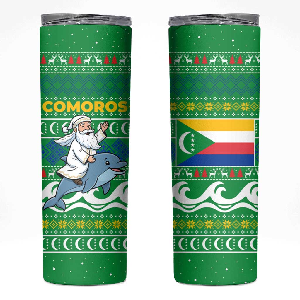 Comoros Christmas Skinny Tumbler Santa Riding Dolphin Ocean Waves Crescent Moon - African Pride