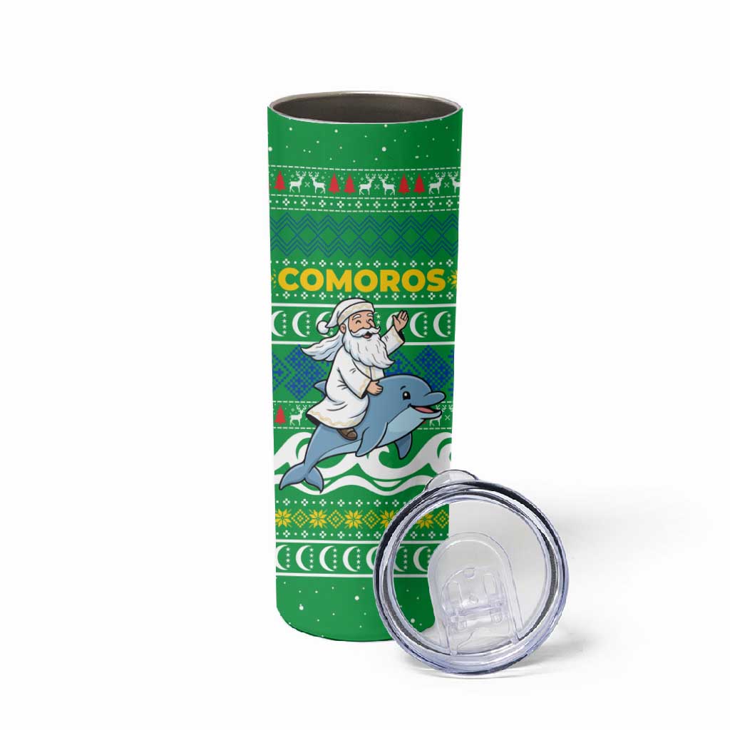 Comoros Christmas Skinny Tumbler Santa Riding Dolphin Ocean Waves Crescent Moon - African Pride