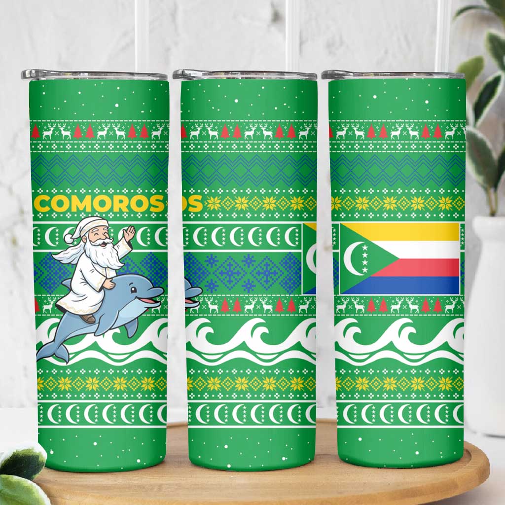Comoros Christmas Skinny Tumbler Santa Riding Dolphin Ocean Waves Crescent Moon - African Pride