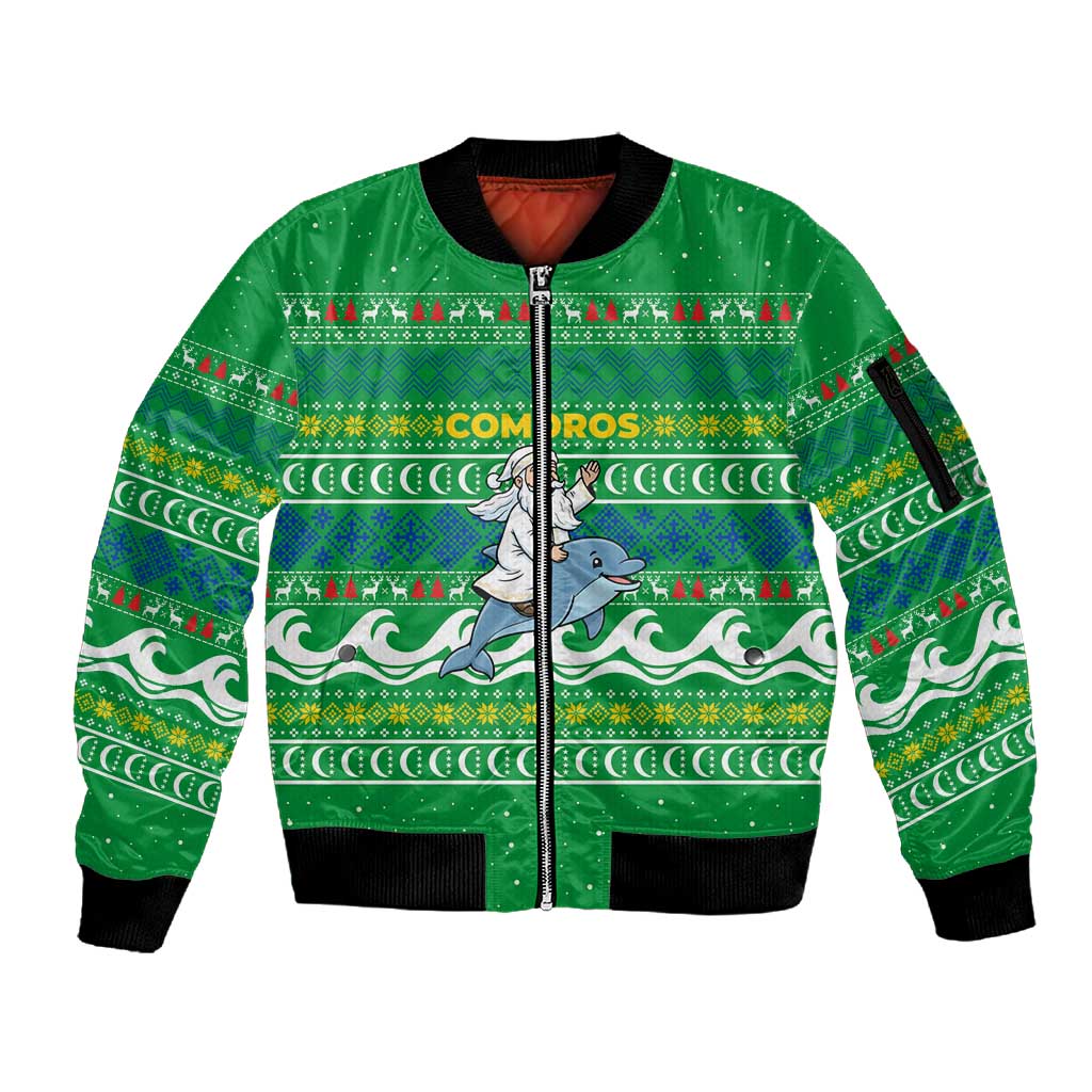 Comoros Christmas Sleeve Zip Bomber Jacket Santa Riding Dolphin Ocean Waves Crescent Moon - African Pride