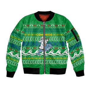 Comoros Christmas Sleeve Zip Bomber Jacket Santa Riding Dolphin Ocean Waves Crescent Moon - African Pride