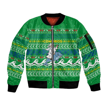 Comoros Christmas Sleeve Zip Bomber Jacket Santa Riding Dolphin Ocean Waves Crescent Moon - African Pride