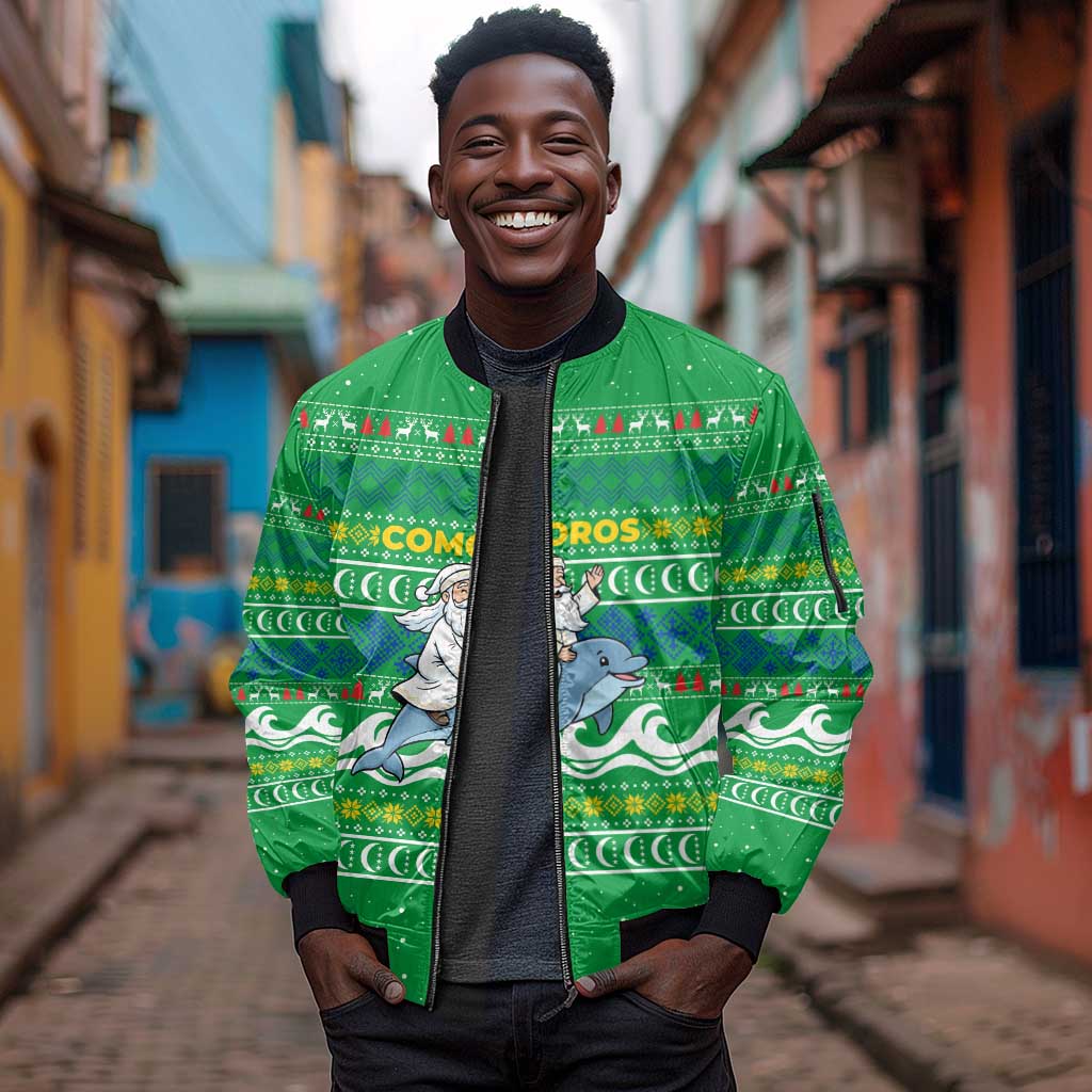 Comoros Christmas Sleeve Zip Bomber Jacket Santa Riding Dolphin Ocean Waves Crescent Moon - African Pride