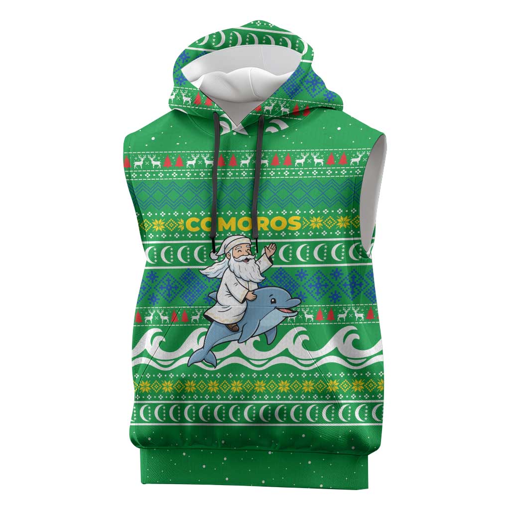 Comoros Christmas Sleeveless Hoodie Santa Riding Dolphin Ocean Waves Crescent Moon - African Pride