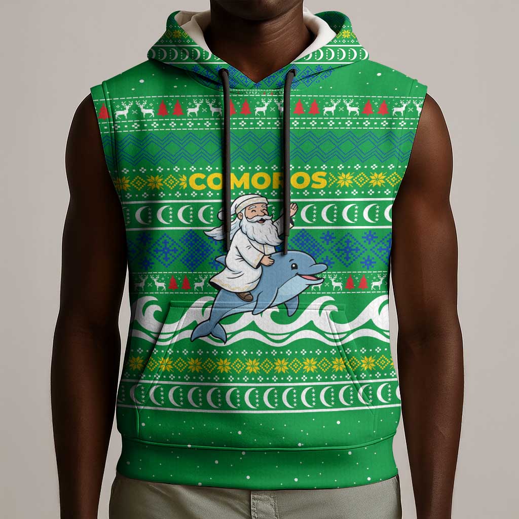 Comoros Christmas Sleeveless Hoodie Santa Riding Dolphin Ocean Waves Crescent Moon - African Pride