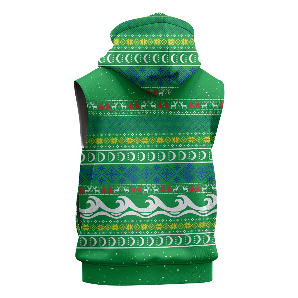 Comoros Christmas Sleeveless Zip Hoodie Santa Riding Dolphin Ocean Waves Crescent Moon - African Pride