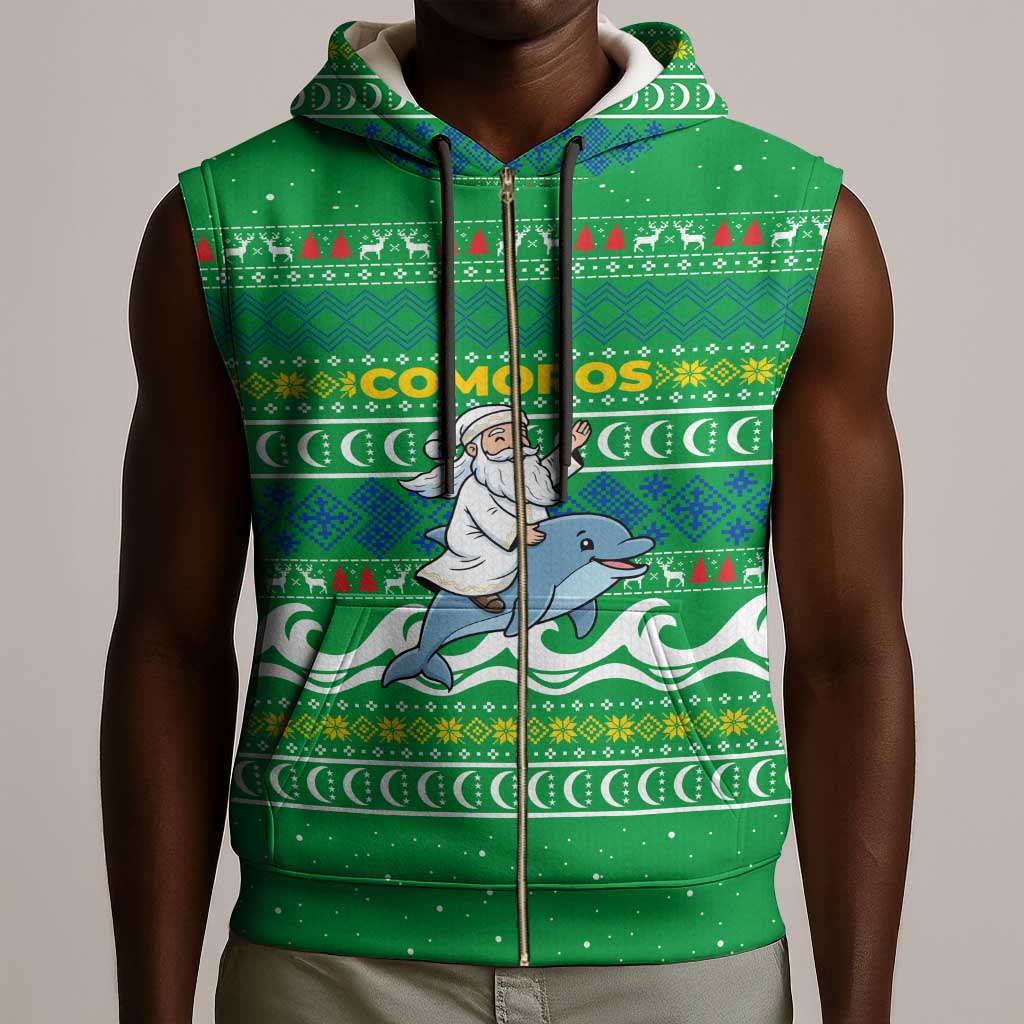 Comoros Christmas Sleeveless Zip Hoodie Santa Riding Dolphin Ocean Waves Crescent Moon - African Pride