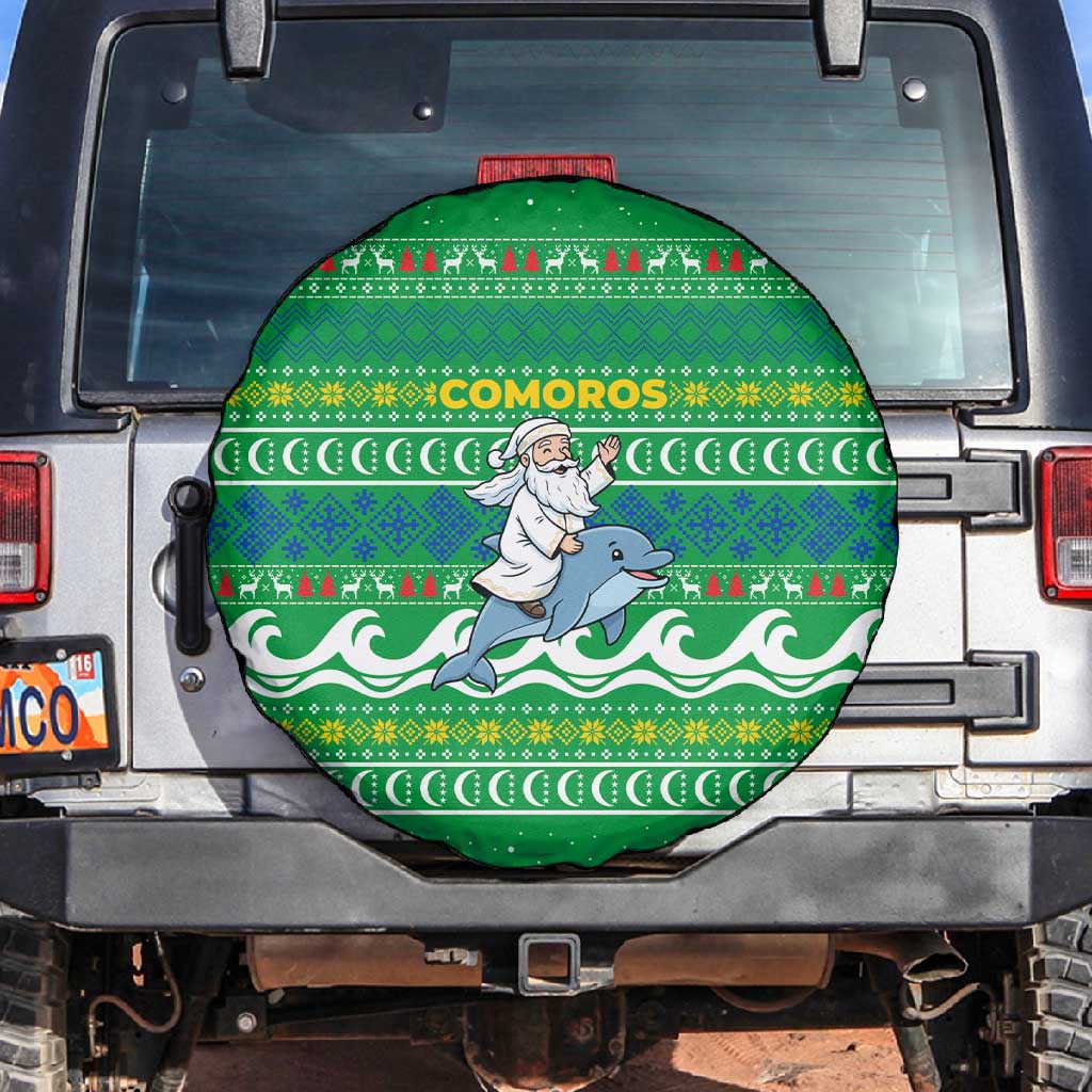 Comoros Christmas Spare Tire Cover Santa Riding Dolphin Ocean Waves Crescent Moon - African Pride