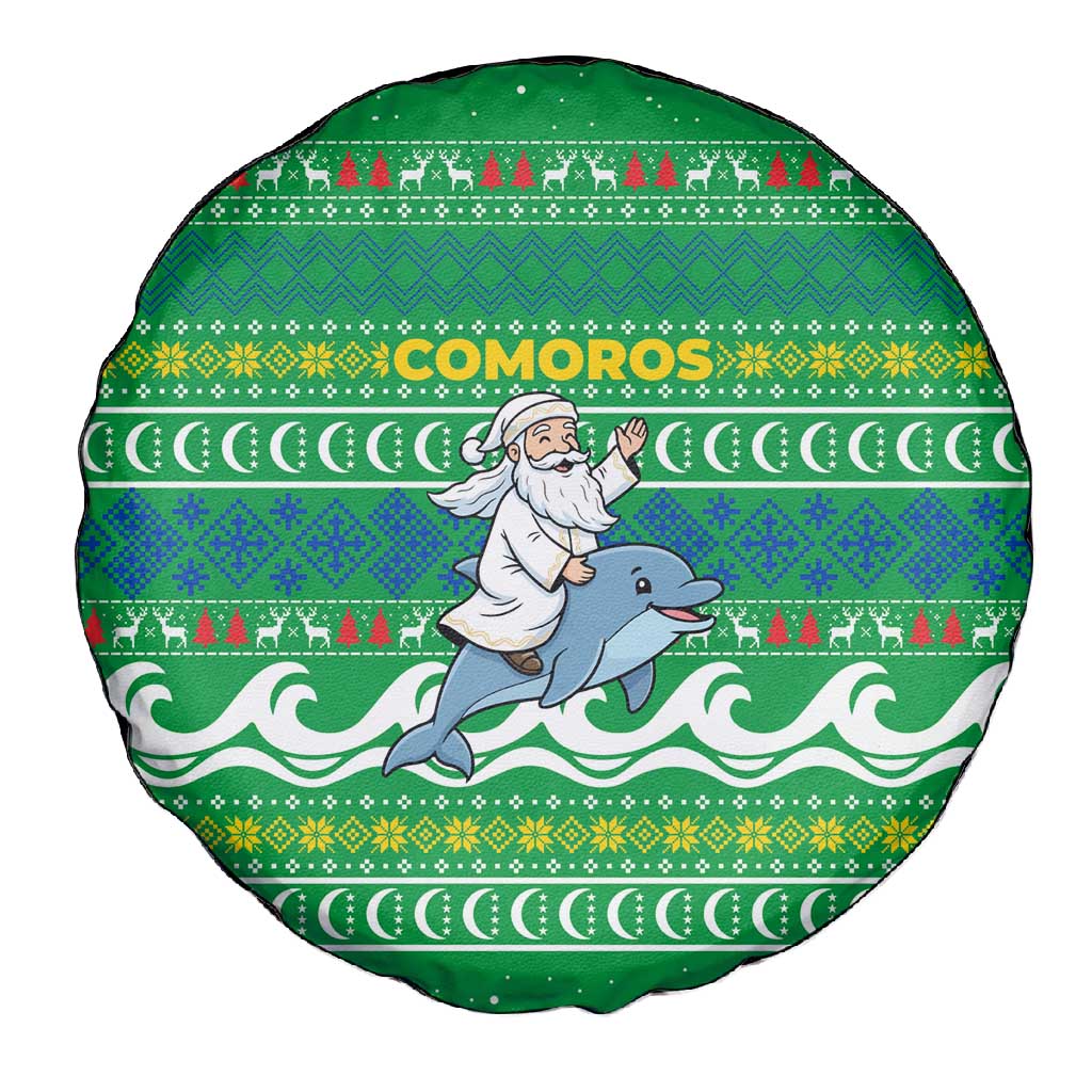 Comoros Christmas Spare Tire Cover Santa Riding Dolphin Ocean Waves Crescent Moon - African Pride