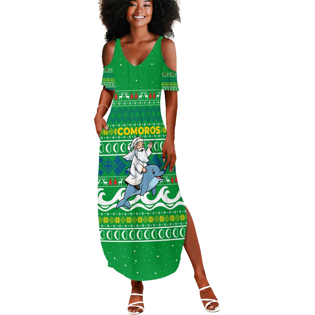 Comoros Christmas Summer Maxi Dress Santa Riding Dolphin Ocean Waves Crescent Moon - African Pride