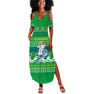 Comoros Christmas Summer Maxi Dress Santa Riding Dolphin Ocean Waves Crescent Moon - African Pride