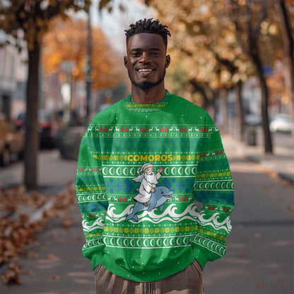 Comoros Christmas Sweatshirt Santa Riding Dolphin Ocean Waves Crescent Moon - African Pride