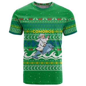 Comoros Christmas T shirt Santa Riding Dolphin Ocean Waves Crescent Moon - African Pride