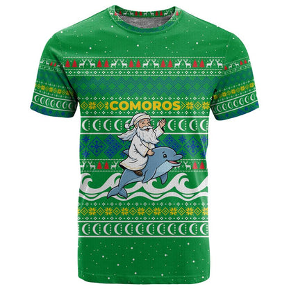Comoros Christmas T shirt Santa Riding Dolphin Ocean Waves Crescent Moon - African Pride