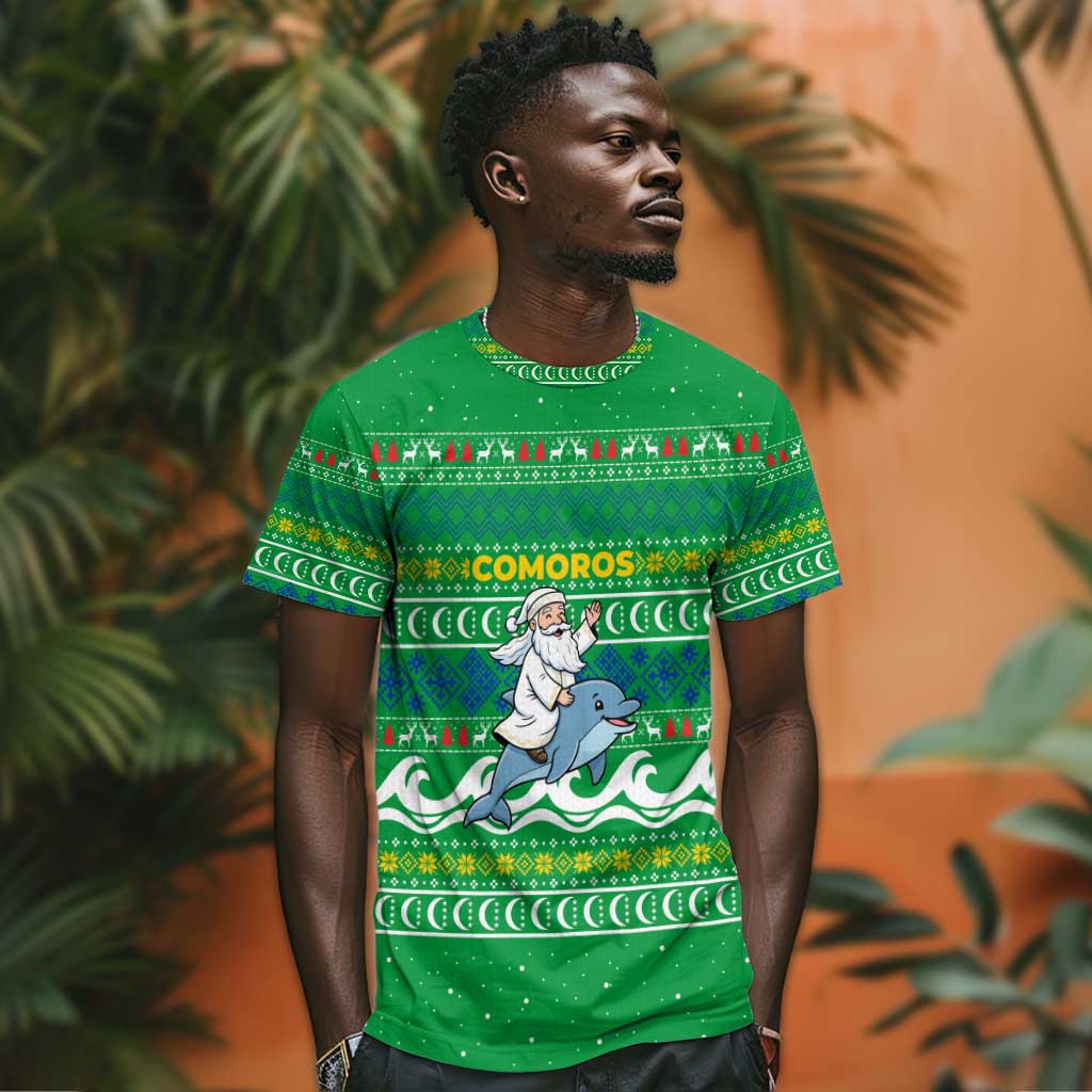 Comoros Christmas T shirt Santa Riding Dolphin Ocean Waves Crescent Moon - African Pride