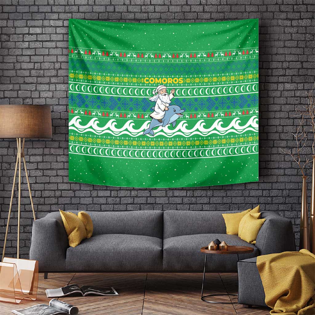 Comoros Christmas Tapestry Santa Riding Dolphin Ocean Waves Crescent Moon - African Pride