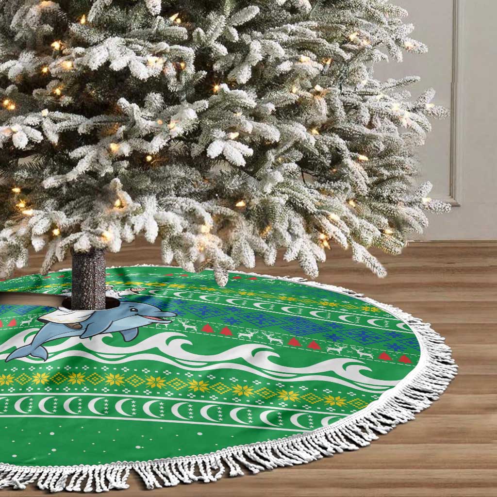 Comoros Christmas Tree Skirt Santa Riding Dolphin Ocean Waves Crescent Moon - African Pride