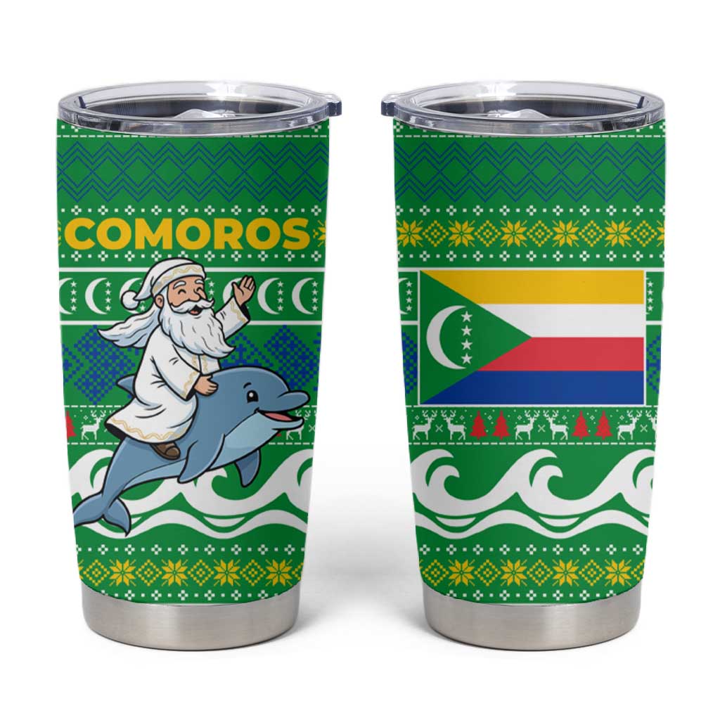 Comoros Christmas Tumbler Cup Santa Riding Dolphin Ocean Waves Crescent Moon - African Pride