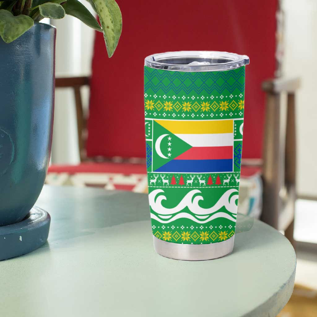 Comoros Christmas Tumbler Cup Santa Riding Dolphin Ocean Waves Crescent Moon - African Pride