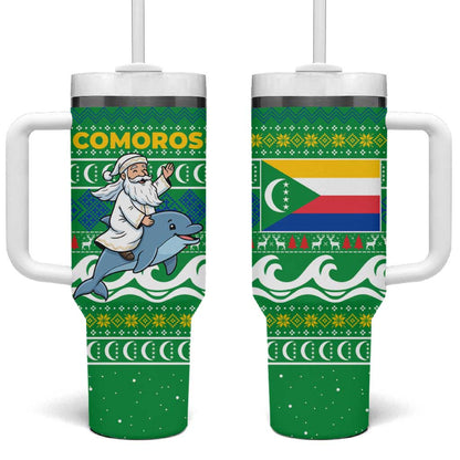 Comoros Christmas Tumbler With Handle Santa Riding Dolphin Ocean Waves Crescent Moon - African Pride