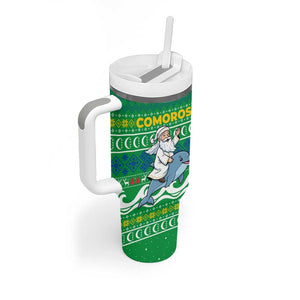 Comoros Christmas Tumbler With Handle Santa Riding Dolphin Ocean Waves Crescent Moon - African Pride