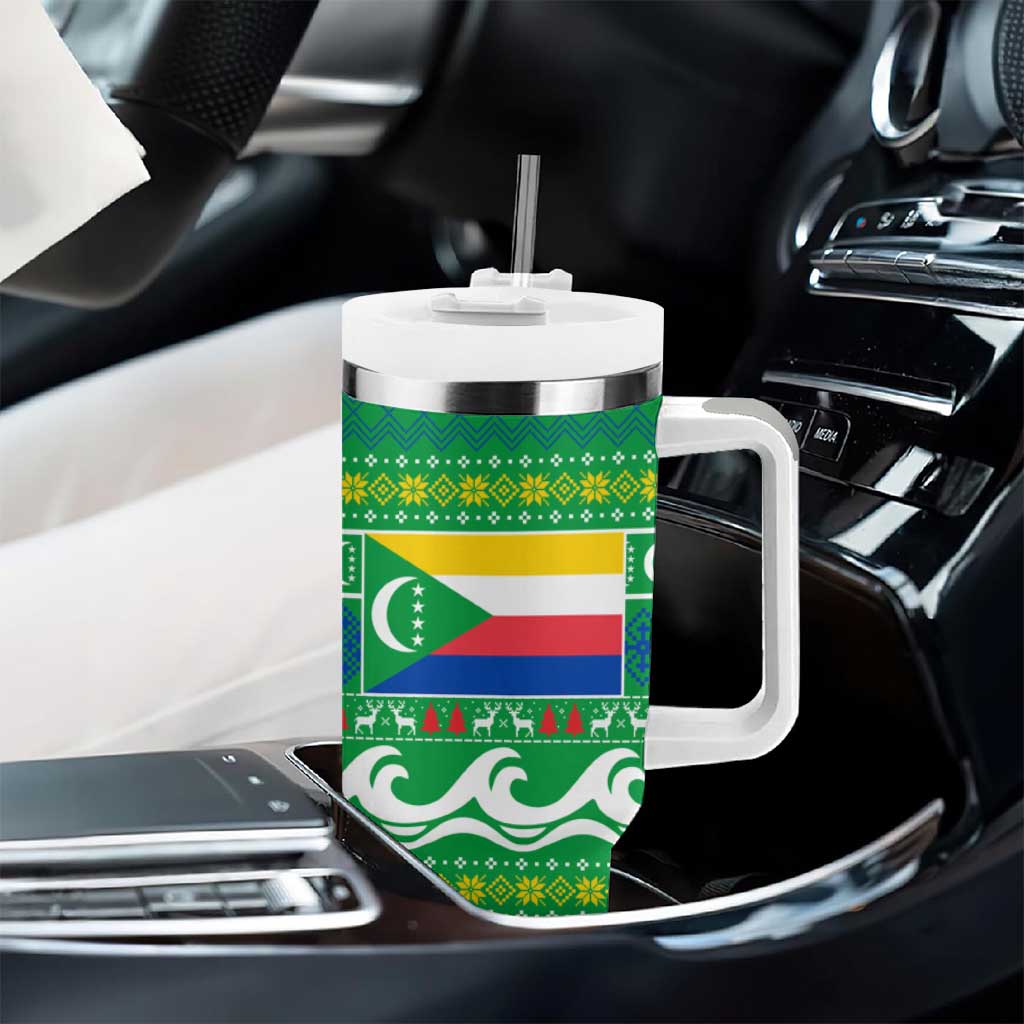 Comoros Christmas Tumbler With Handle Santa Riding Dolphin Ocean Waves Crescent Moon - African Pride