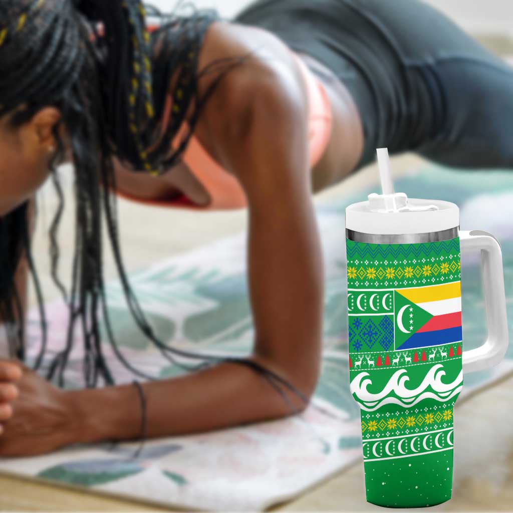 Comoros Christmas Tumbler With Handle Santa Riding Dolphin Ocean Waves Crescent Moon - African Pride