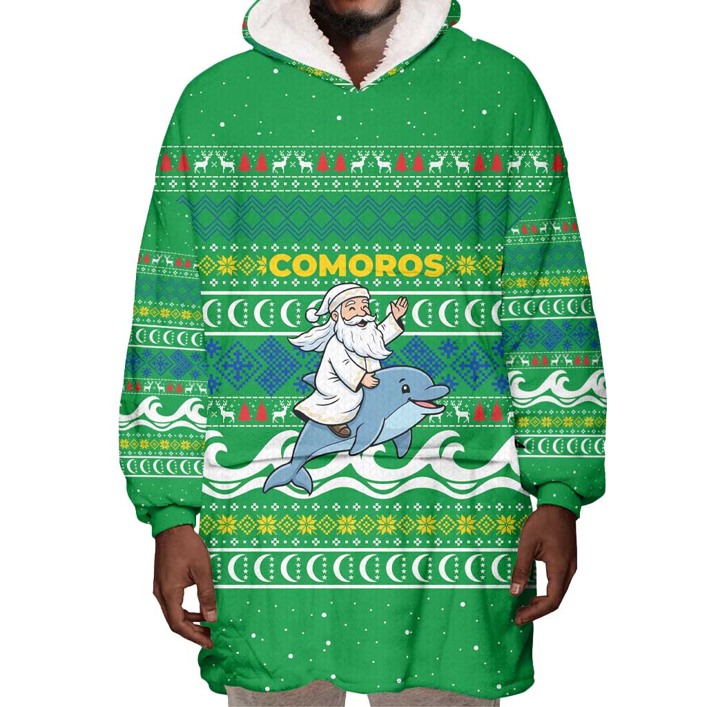Comoros Christmas Wearable Blanket Hoodie Santa Riding Dolphin Ocean Waves Crescent Moon - African Pride