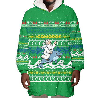 Comoros Christmas Wearable Blanket Hoodie Santa Riding Dolphin Ocean Waves Crescent Moon - African Pride